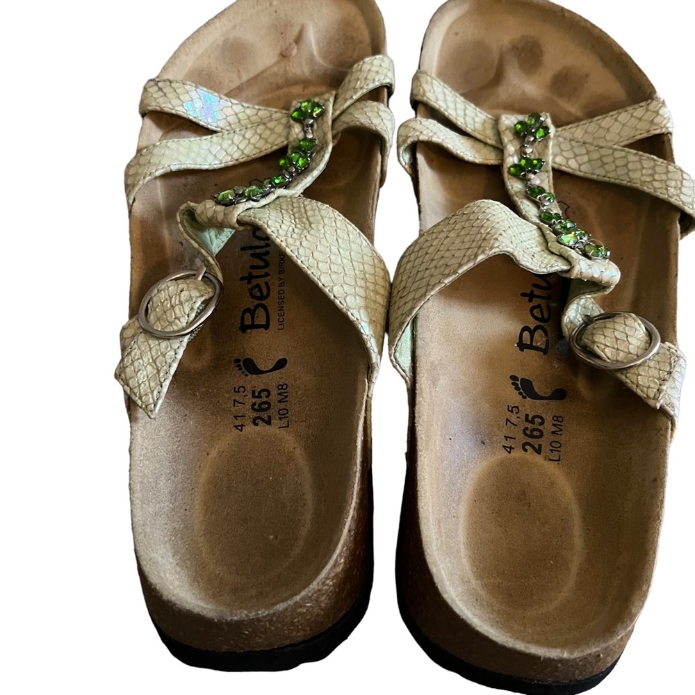 Birkenstock Pale green shimmer Snake-Print Slide Sandals with Green Gem Accents - Picture 4 of 10
